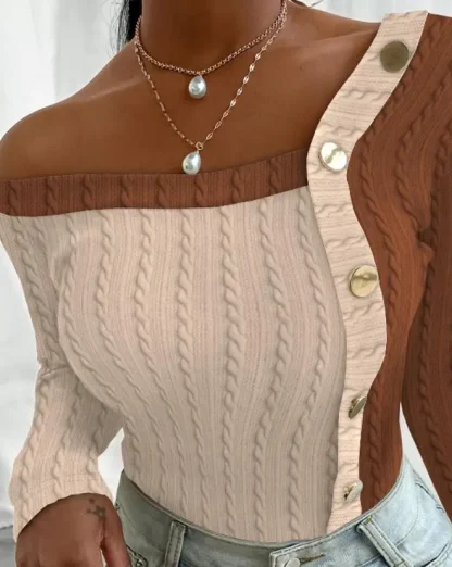 Colorblock Off Shoulder Sweater Tops - Image 7