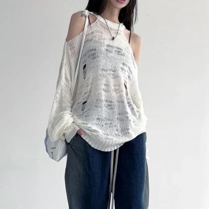 Ripped Oversize Off Shoulder Sweater - Image 4