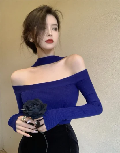 Choker Neck Off Shoulder Sweater - Image 7