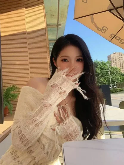 Tassel Hollow Off Shoulder Sweater - Image 7