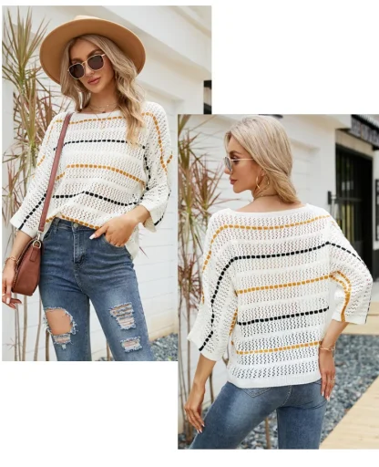 Stripe Hollow Off Shoulder Sweater - Image 6
