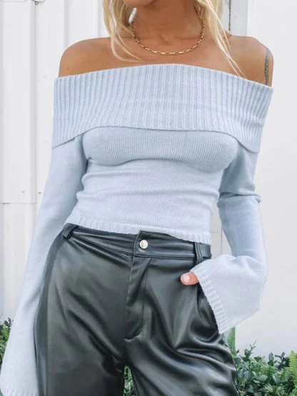Solid Knit Off Shoulder Sweater - Image 6