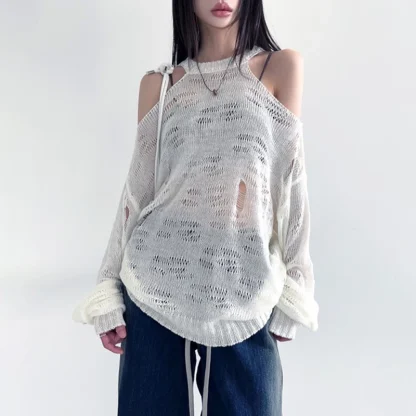 Ripped Oversize Off Shoulder Sweater - Image 7
