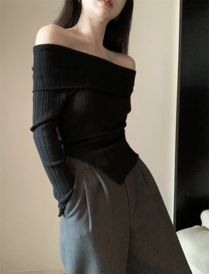 Folded Slit Off Shoulder Sweater - Image 7