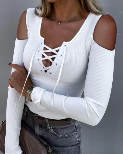 White Lace-Up Open Shoulder Sweater - Image 4