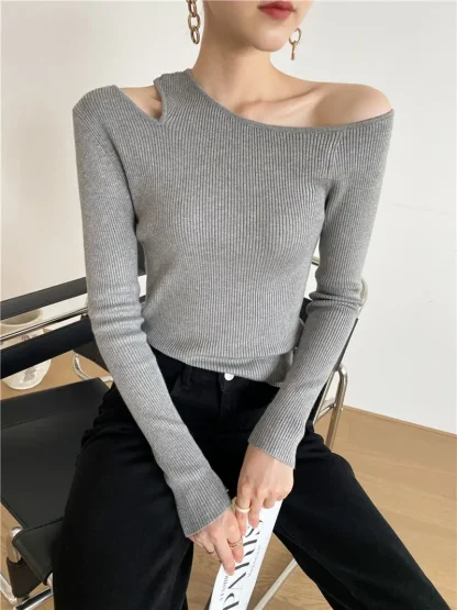 Asymmetric Off Shoulder Sweater Tops - Image 6