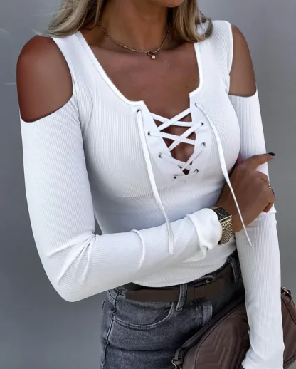 White Lace-Up Open Shoulder Sweater