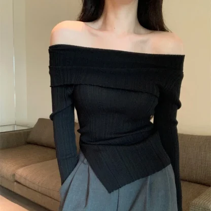 Folded Slit Off Shoulder Sweater - Image 3