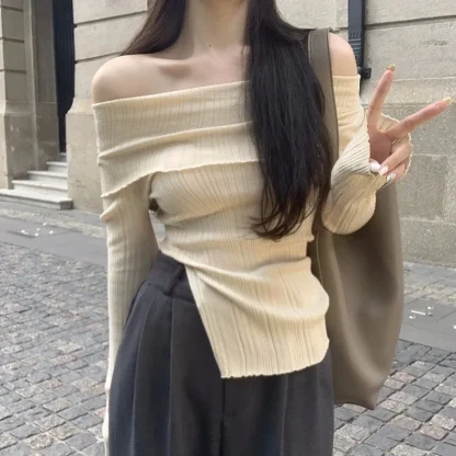 Folded Slit Off Shoulder Sweater - Image 4