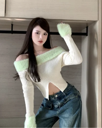 Slit Off Shoulder Sweater Tops