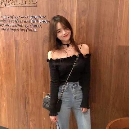 Slim Ruffled Off Shoulder Sweater - Image 3