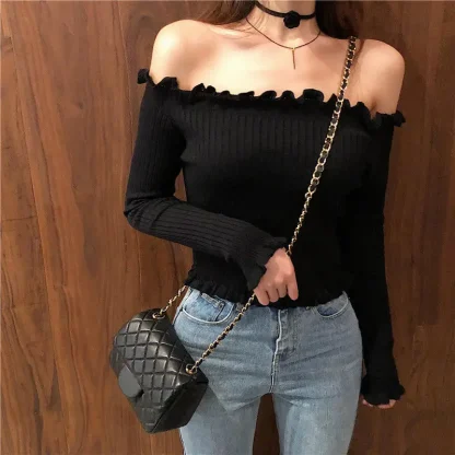 Slim Ruffled Off Shoulder Sweater - Image 5