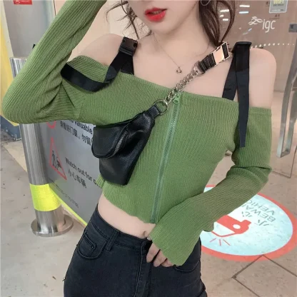 Zipper Front Off Shoulder Sweater - Image 2
