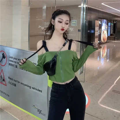 Zipper Front Off Shoulder Sweater - Image 3