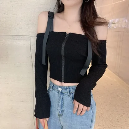 Zipper Front Off Shoulder Sweater - Image 4