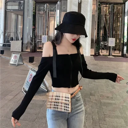 Zipper Front Off Shoulder Sweater - Image 6