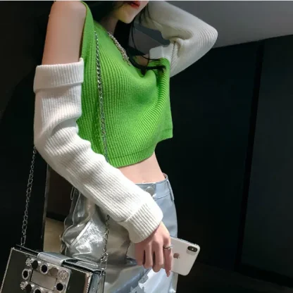 Colorblock Open Shoulder Sweater Tops - Image 2