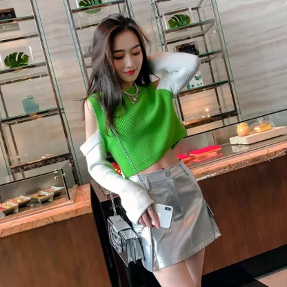 Colorblock Open Shoulder Sweater Tops - Image 3