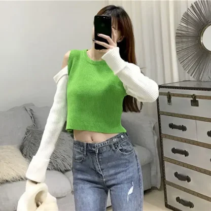Colorblock Open Shoulder Sweater Tops