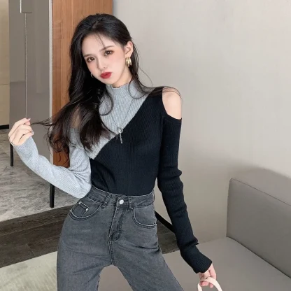 Color Block Open Shoulder Sweater - Image 3