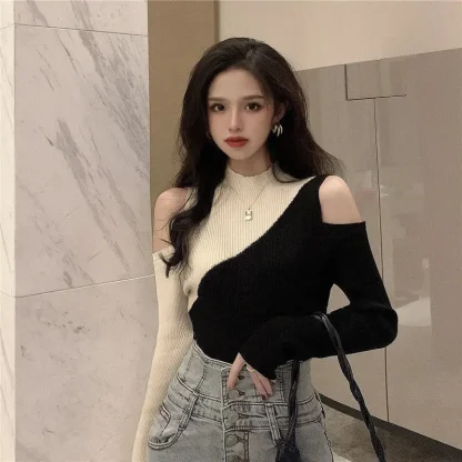 Color Block Open Shoulder Sweater - Image 2
