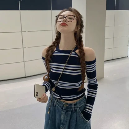 Stripe Open Shoulder Sweater Tops - Image 2