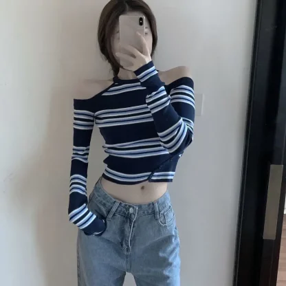 Stripe Open Shoulder Sweater Tops - Image 3