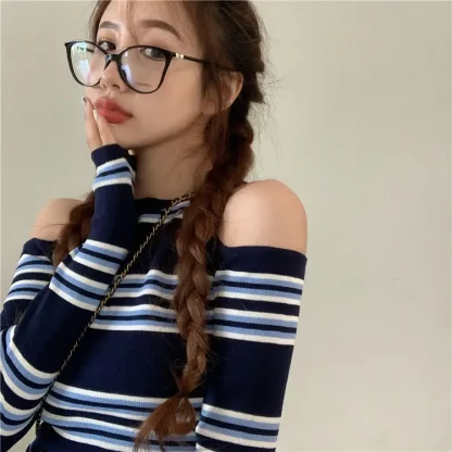 Stripe Open Shoulder Sweater Tops - Image 4