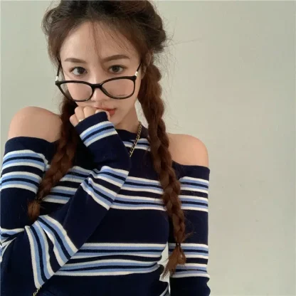 Stripe Open Shoulder Sweater Tops - Image 5