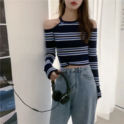 Stripe Open Shoulder Sweater Tops
