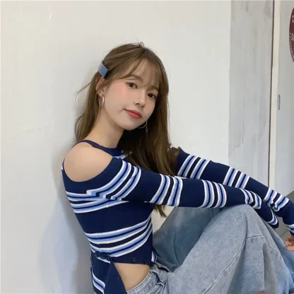 Stripe Open Shoulder Sweater Tops - Image 6