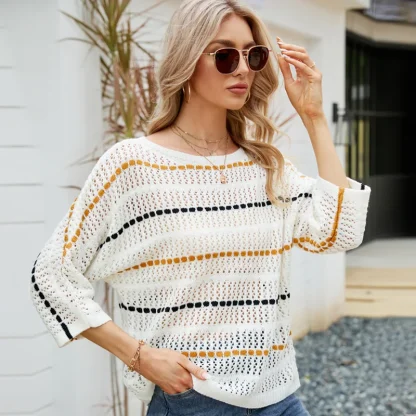 Stripe Hollow Off Shoulder Sweater - Image 2