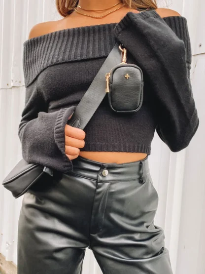 Solid Knit Off Shoulder Sweater - Image 3