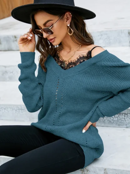 V-Neck Elegance Off Shoulder Sweater - Image 2