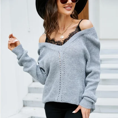 V-Neck Elegance Off Shoulder Sweater - Image 4
