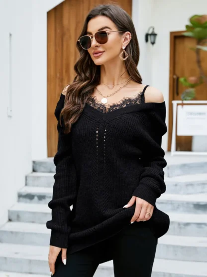 V-Neck Elegance Off Shoulder Sweater - Image 5