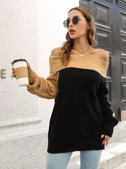 One-line Neck Off Shoulder Sweater - Image 3