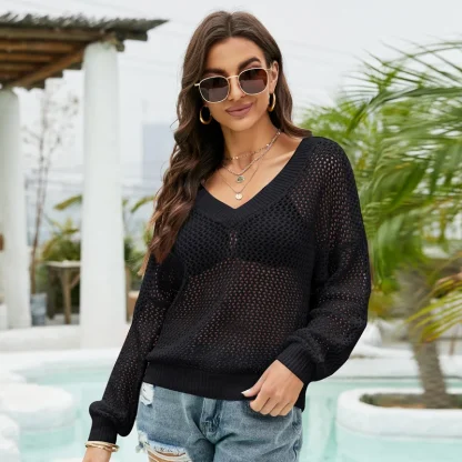 V-Neck Fishnet Off Shoulder Sweater - Image 4