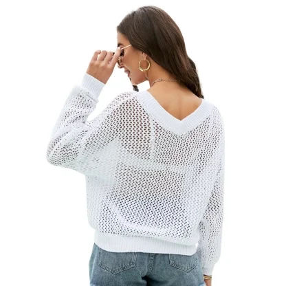 V-Neck Fishnet Off Shoulder Sweater - Image 5