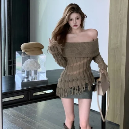 Sexy Tassel Off Shoulder Sweater - Image 3