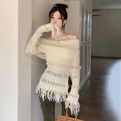 Sexy Tassel Off Shoulder Sweater - Image 5