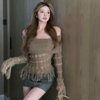 Sexy Tassel Off Shoulder Sweater - Image 2