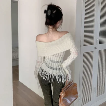 Sexy Tassel Off Shoulder Sweater - Image 7