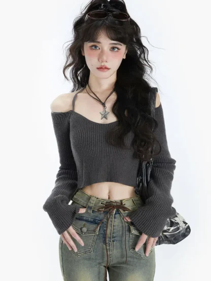 Halter Gray Off Shoulder Sweater - Image 2