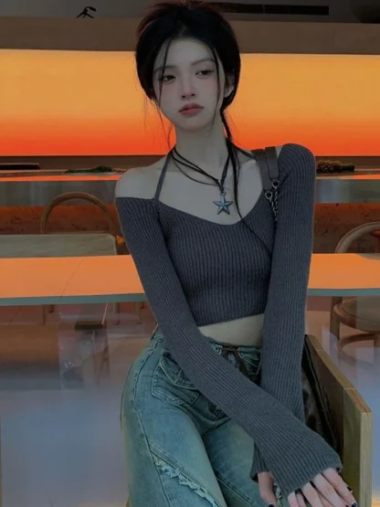 Halter Gray Off Shoulder Sweater - Image 4