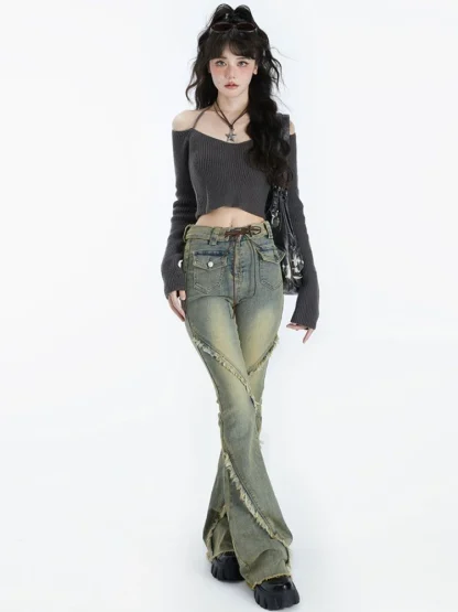 Halter Gray Off Shoulder Sweater - Image 5