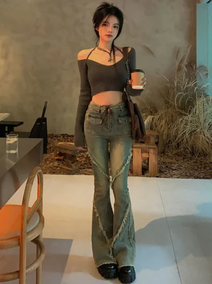 Halter Gray Off Shoulder Sweater - Image 6
