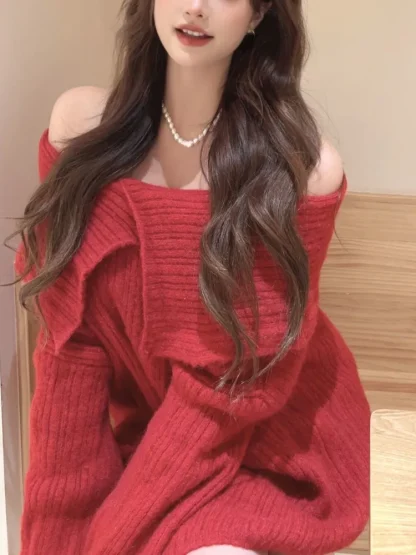 Oversized Elegant Off Shoulder Sweater - Image 7