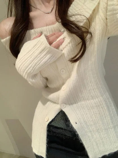 Chic Button-Down Off Shoulder Sweater - Image 2