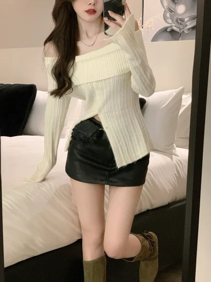 Chic Button-Down Off Shoulder Sweater - Image 3